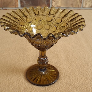 EAPG Olive Green Crimped Compote; Pedestal Candy Dish