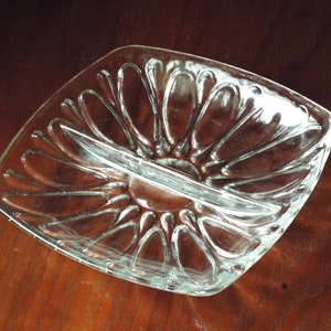 Vintage Clear Glass 2-part Relish Dish; Relish Tray; Sectioned Serving Dish