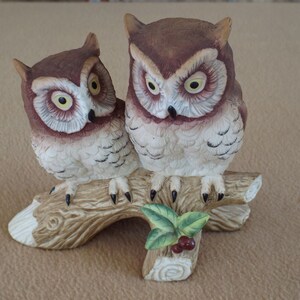 Vintage Lefton China Hand Painted Owls on Perch; Vintage Porcelain Figurine #11302