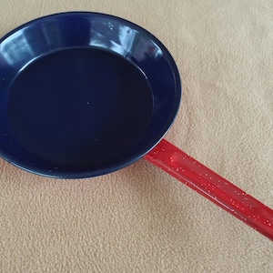 Red with White Specks Enamelware Frying Pan with Blue Interior