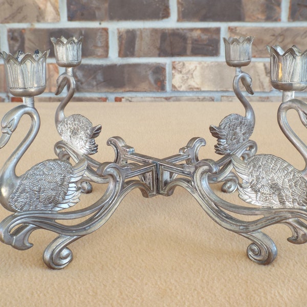 Vintage Pewter Swan Tabletop Candelabra Centerpiece; Candlestick Holder