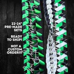 PreMade set of homecoming braids; Green, black, silver, and white; Deluxe spirit, Louisiana, Cottage Ladder, and zigzag braids.