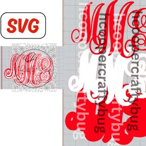 Może przedstawiać: Czerwone i białe wzory monogramów SVG. Obraz przedstawia litery "M", "C" i "G" w ozdobnej, kręconej czcionce. Słowo "SVG" znajduje się w czerwonym polu. Projekt jest powtarzany wielokrotnie.