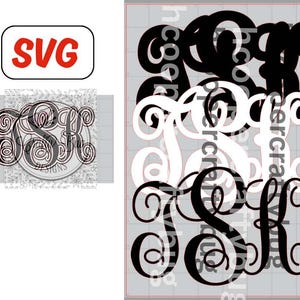 May include: Monogram SVG design featuring the letters "JSK" in a decorative, swirling font. The design is available in black and white, with the word "SVG" in a red rectangle. The design is suitable for crafting projects.