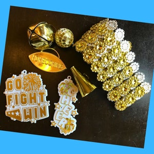 Gold homecoming mum cheer trinket set. homecoming mum supplies