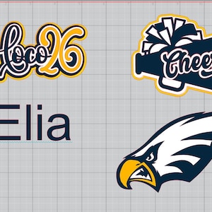 May include: A collection of four graphic designs on a grid background: a navy and yellow script text reading Hoco 26, a navy and white megaphone graphic with the word Cheer, the name Elia in navy blue text, and a navy, white, and yellow eagle head logo.