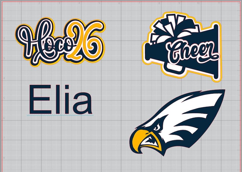 May include: A collection of four graphic designs on a grid background: a navy and yellow script text reading Hoco 26, a navy and white megaphone graphic with the word Cheer, the name Elia in navy blue text, and a navy, white, and yellow eagle head logo.