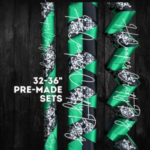 Pre-Made Set of homecoming mum braids; 32-36&quot; Green, black, & silver whip, deluxe spirit,  Möbius braids; please see pics read description