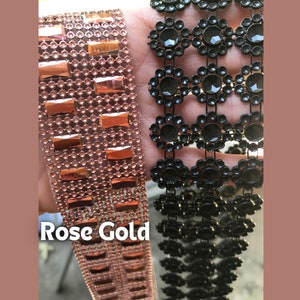 Black Flower shape diamond mesh ribbon. Rose Gold Rectangular Diamond wrap. Homecoming mum supplies. Wedding embellishments