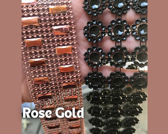 Black Flower shape diamond mesh ribbon. Rose Gold Rectangular Diamond wrap. Homecoming mum supplies. Wedding embellishments