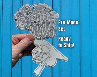 Pre-Made Senior Cutout Set; Silver and white Grad die cuts; homecoming supplies