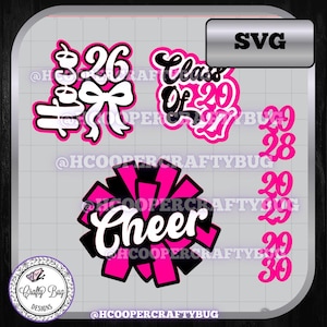 May include: A digital graphic file containing cheerleading-themed designs in black, white, and hot pink. Elements include the text 'Class of 2027', 'Cheer' over a pom-pom, '26' with a bow, and individual numbers 26 through 30 on a grid background.