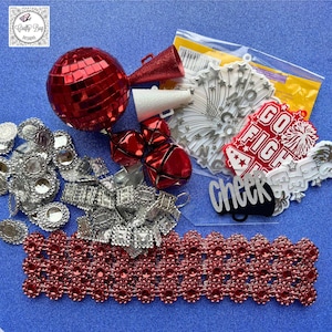 Cheer Homecoming Mum trinket set; Red, white and silver trinkets, bling, acrylic tag, embellishments; homecoming mum supplies