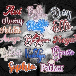 May include: A collection of custom name patches featuring various colors and glittery textures. The names include Avi, Bella, Daisy, Avery, Ellie, Addie, Anaya, Brigham, Freya, Laila, Katelyn, Gracie, Sophia, and Parker, some with graduation cap icons.