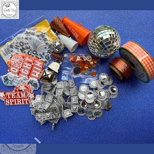Orange Cheer Homecoming Mum trinket set; Orange silver and white homecoming mum supplies.