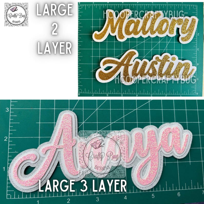 May include: Two large 2-layer gold glitter name cutouts reading Mallory and Austin, and one large 3-layer pink and silver glitter name cutout reading Anaya, all displayed on a green cutting mat with visible inch markings for scale.