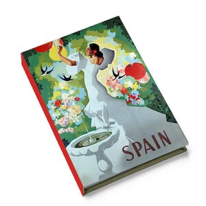 Peut inclure: Une affiche de voyage vintage représentant une femme en robe blanche debout dans un jardin avec une fontaine. L'affiche a une bordure rouge et le mot "ESPAGNE" en grandes lettres audacieuses.