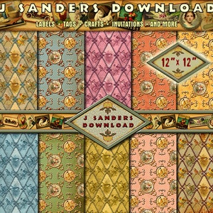 May include: A set of eight digital paper designs featuring vintage-inspired patterns with birds, flowers, and geometric shapes. The papers are in shades of blue, green, pink, and orange. Each paper is 12 inches by 12 inches.