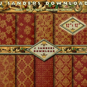 Victorian Damask Pattern Maroon Florals, Instant Download Digital Paper