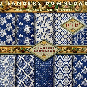 May include: Set of eight digital paper patterns in blue and white. The patterns feature a variety of damask and floral designs. Each pattern is 12 inches by 12 inches.