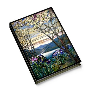 May include: A stained glass window depicting a landscape with a lake, mountains, trees with white blossoms, and purple irises.