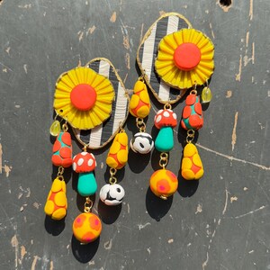 The Allergic To Joy Pair…. Polymer Clay Beaded Dangle Earrings, Retro 70s Flower Power Fall Autumn Mushrooms