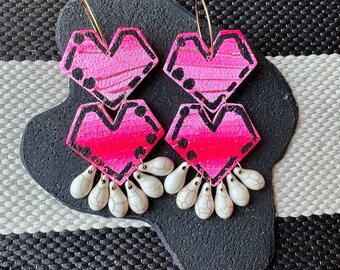 Love In The Time Of Pop-Art, Beaded Hearts Surgical Steel Hypoallergenic Stud Dangle Statement Earrings