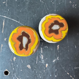 Flower Casserole....Hand Rolled Knobs Pulls Handles 1960s, 1970s, Retro Artisan Bespoke Brown Mustard Orange Patterned Vibrant Colorful