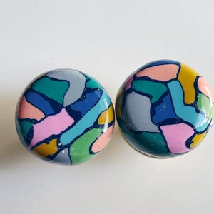 Blueberry Painted Disco....Hand Rolled Knobs Pulls Handles 1960s, 1970s, Retro Floral Artisan Bespoke Purple Blue Peach Patterned Vibrant