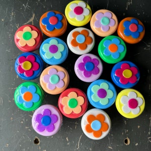 Flower Buddies...Hand Rolled Knobs Pulls Handles 1960s 1970s 1990s Retro Floral Pink Orange Yellow Green Blue Purple Flower Artisan Bespoke