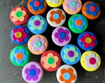 Flower Buddies...Hand Rolled Knobs Pulls Handles 1960s 1970s 1990s Retro Floral Pink Orange Yellow Green Blue Purple Flower Artisan Bespoke
