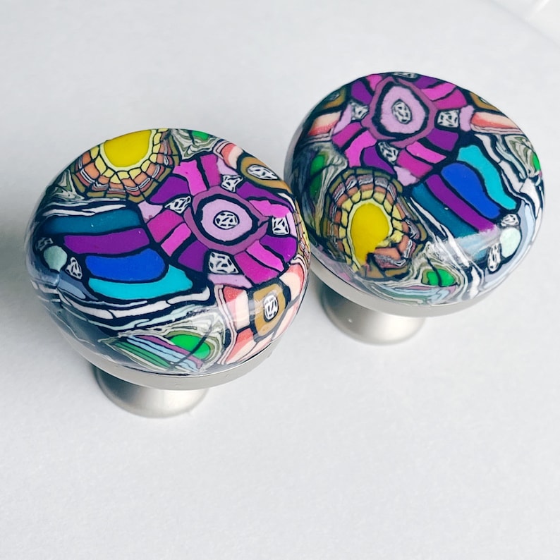 Life, Illustrated...Hand Rolled Knobs Drawer Pulls 1960s, 1970s, Retro Floral Blue Purple Rainbow Artisan Bespoke Patterned Vibrant Colorful image 1
