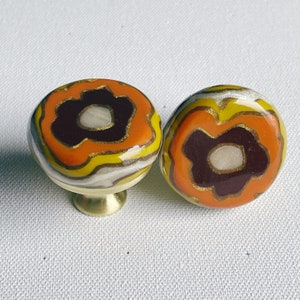 Flower Casserole....Hand Rolled Knobs Pulls Handles 1960s, 1970s, Retro Artisan Bespoke Brown Mustard Orange Patterned Vibrant Colorful