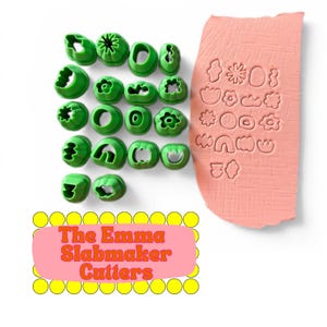 May include: A collection of green polymer clay cutters in various floral and geometric shapes, alongside a pink clay slab with matching imprinted designs. The text "The Emma Slabmaker Cutters" is displayed on a pink background with yellow circles.