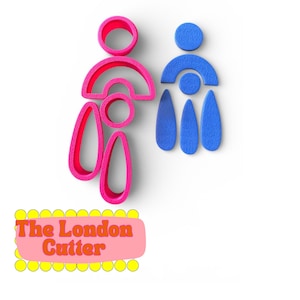 May include: Pink and blue abstract cookie cutters. The pink cutters are in the shape of a person, and the blue cutters are in the shape of a person. The text "The London Cutter" is in the bottom left corner.