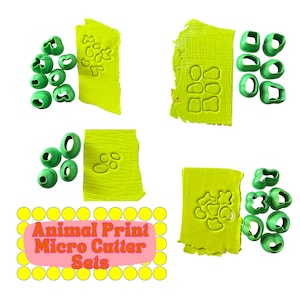 May include: A selection of green micro cutter sets in diverse animal print shapes, with lime green clay bearing corresponding impressions. The image features text reading "Animal Print Micro Cutter Sets" in a pink and yellow design.
