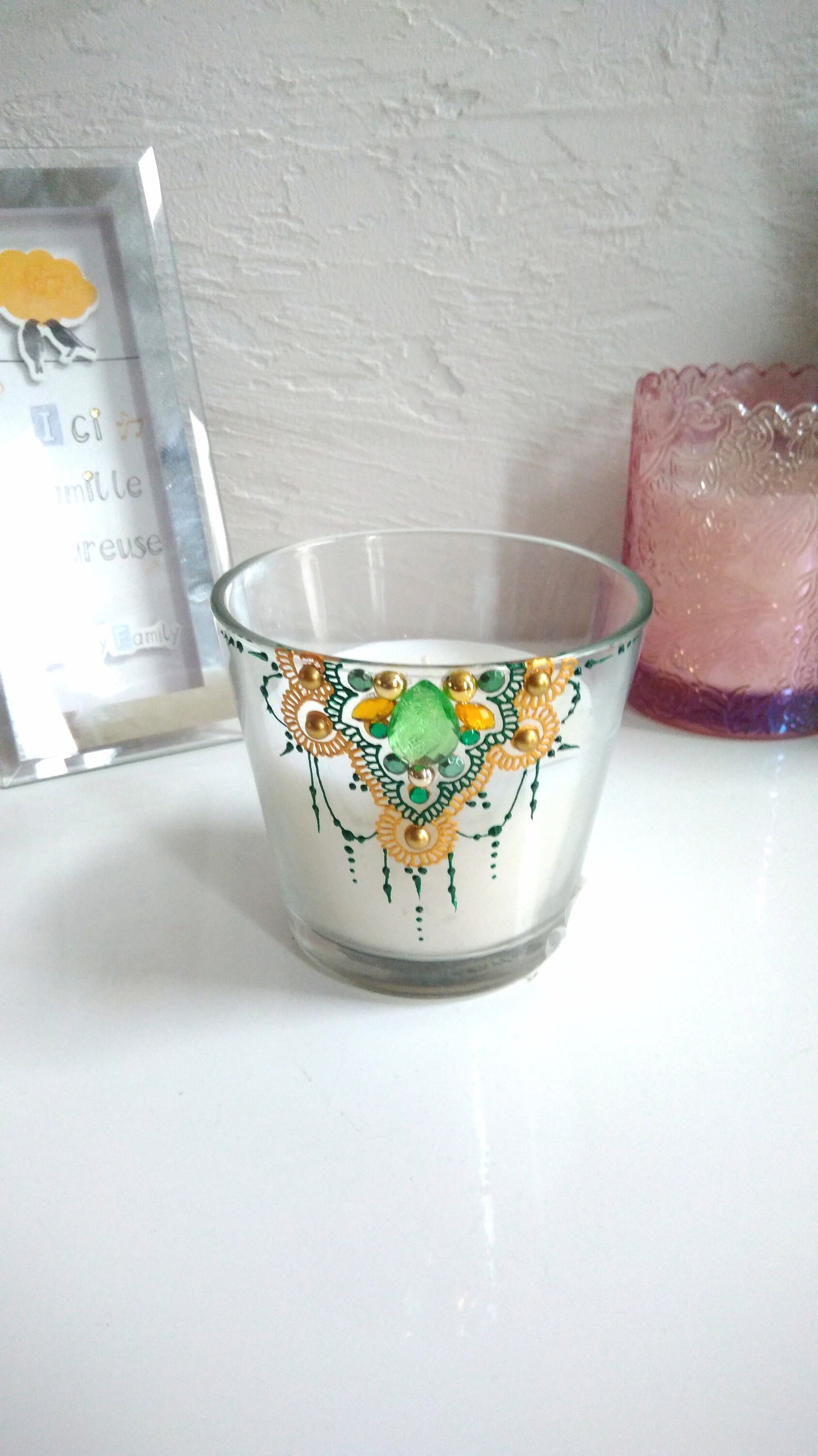 Bougie Parfumée, Bougie Senteur Jasmin, Décorée, Henné, Strass Vert et Doré, Cadeau