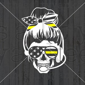 May include: A white skull with a yellow and black striped headband and sunglasses. The sunglasses have a design of stars and stripes. The skull is wearing a headset with a microphone.