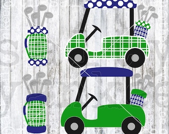 May include: Two green and blue golf carts with plaid patterns and white polka dots. Each cart has a golf bag with clubs and a blue and white polka dot design.