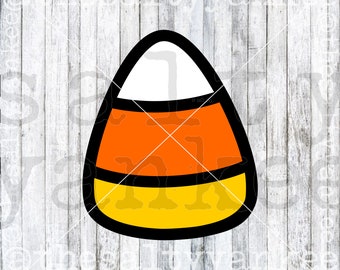 May include: A cartoon illustration of a candy corn with orange, yellow, and white stripes. The candy corn is outlined in black.