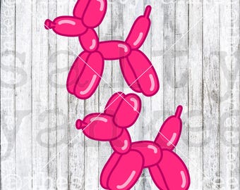 May include: Two pink balloon dog illustrations with a white outline. The balloon dogs are in a playful pose, with their legs and tails extended. The background is a white wooden plank design.