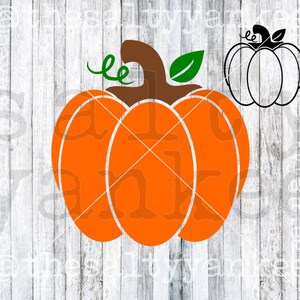 May include: A simple orange pumpkin with a brown stem and a green leaf. The pumpkin is outlined in white and has a segmented design.