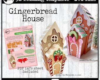 May include: A 3D gingerbread house folding template SVG file. The template includes a PDF info sheet with instructions for assembling the 3D bow. The project stands 9.75 inches tall and is 30 inches wide. No scoring tools are needed.