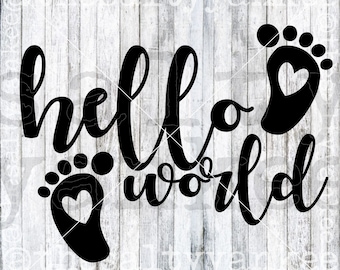 May include: Black and white graphic design with the text "hello world" and two footprints with hearts in the center.