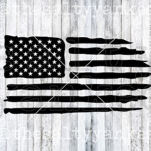 May include: A distressed black and white American flag design. The flag is a silhouette with a white star field and red and white stripes.