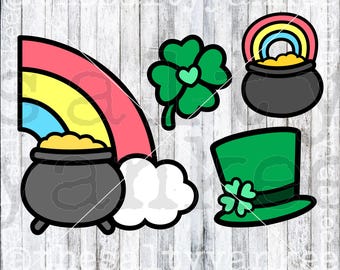 Kawaii St Patricks Day Clover Shamrock Hat Rainbow Pot of Gold Clipart SVG Layered File Download