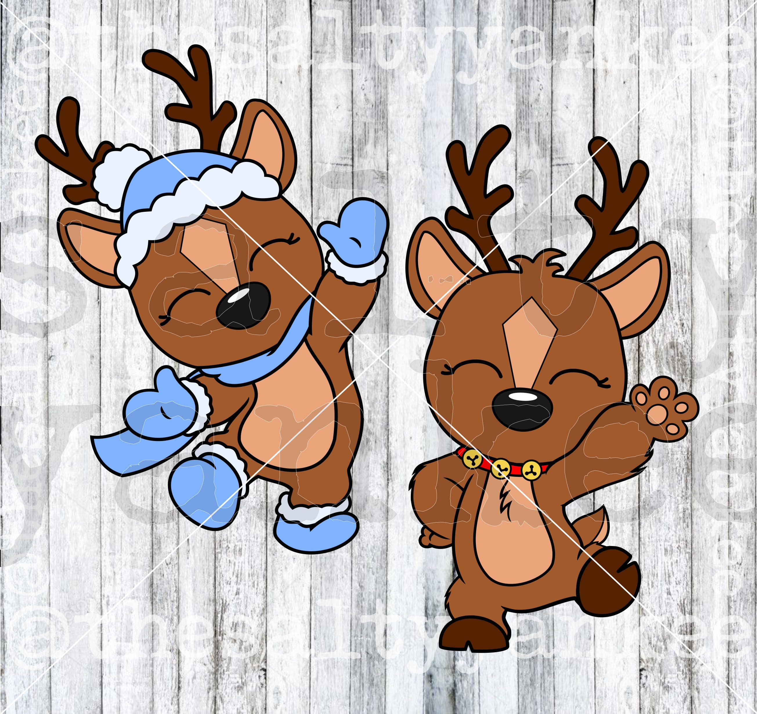 Cute Waving Reindeer in Santa Hat and Beanie With Scarf SVG Layered ...