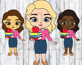 May include: Three cartoon illustrations of teachers holding stacks of books and apples. The teachers are wearing pink shirts, blue skirts, and have brown, blonde, and dark brown hair.