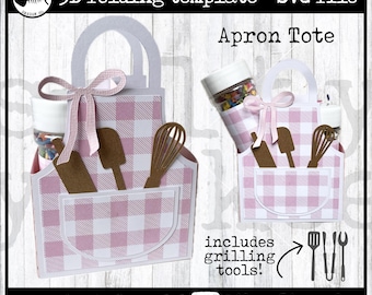 May include: A 3D folding template SVG file for an Apron Tote. The tote is white and pink gingham with a pocket and handle. It includes grilling tools and is decorated with a pink bow. The tote contains miniature baking tools and sprinkles.