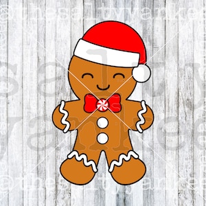 May include: A gingerbread man wearing a red and white Santa hat with a white pom-pom, a red bow tie with a white candy cane, and a happy face.